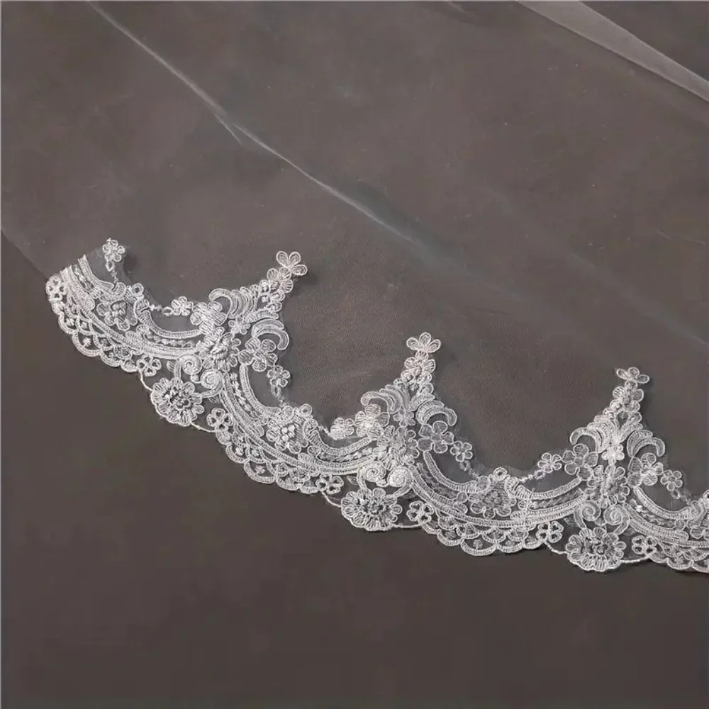 Cathedral Bridal Wedding Veil With Embroidered Floral Lace Edge and Comb